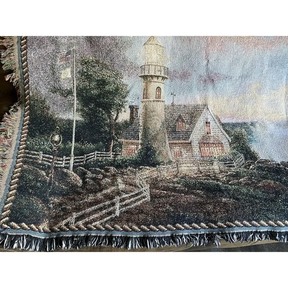 Thomas Kincade Woven Tapestry USA Lighthouse Scene Heavyweight 65 X 44
